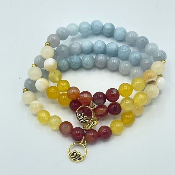 Ocean wave carnelian yellow agate honey calcite aquamarine beaded stretch bracel - Picture 12 of 16